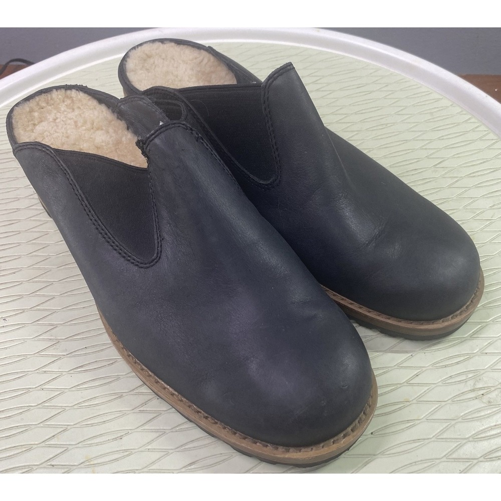 UGG Australia Womens Leather Black Mules Clogs Sheepskin Lined Slip-on Shoes 8.5